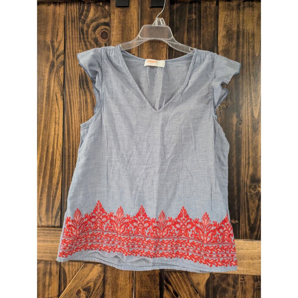 Renee C V-Neck Ruffled Cap Sleeve Top with Red Embroidery sz large in GUC